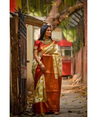 Fab Woven White Banarasi Silk Jacquard Saree With Blouse Piece 1