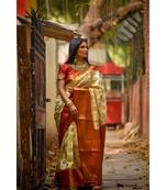 Fab Woven White Banarasi Silk Jacquard Saree With Blouse Piece