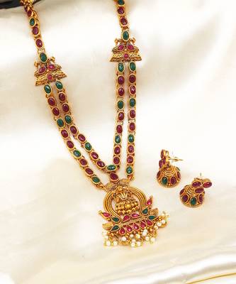 Gold Plated Red & Green Studded Laxmi Pendant Temple Necklace Sets 3