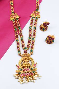 Gold Plated Red & Green Studded Laxmi Pendant Temple Necklace Sets
