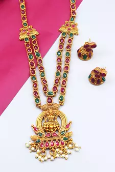 Gold Plated Red & Green Studded Laxmi Pendant Temple Necklace Sets