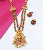 Gold Plated Red & Green Studded Laxmi Pendant Temple Necklace Sets