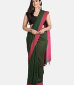 Bottle Green Plain Work Khadi Cotton Handloom Saree With Blouse