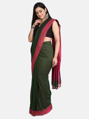 Bottle Green Plain Work Khadi Cotton Handloom Saree With Blouse 3