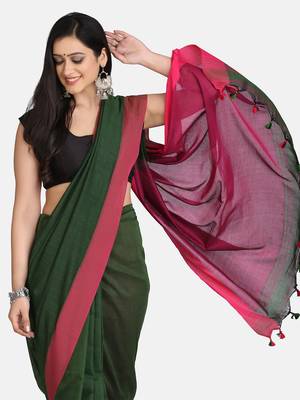 Bottle Green Plain Work Khadi Cotton Handloom Saree With Blouse 4