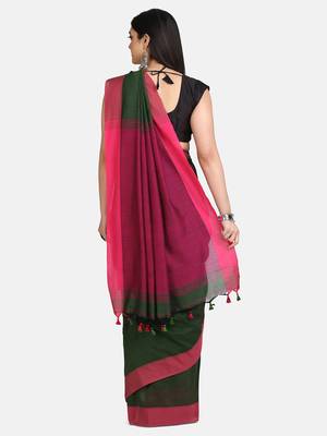 Bottle Green Plain Work Khadi Cotton Handloom Saree With Blouse 5