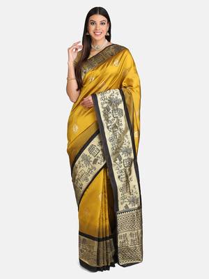 Yellow woven banarasi saree with blouse 1
