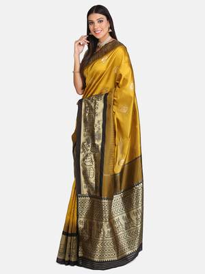 Yellow woven banarasi saree with blouse 3