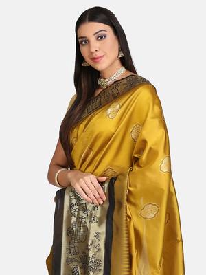 Yellow woven banarasi saree with blouse 4