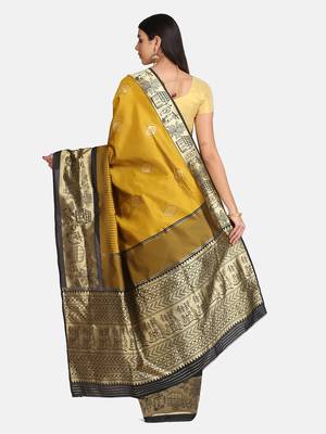 Yellow woven banarasi saree with blouse 5