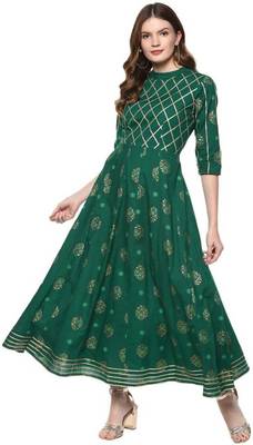 Women Printed Rayon Anarkali Royal Kurta  (Green) 2