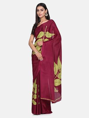 Maroon printed crepe saree with blouse 1