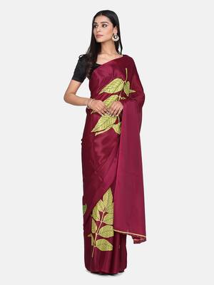 Maroon printed crepe saree with blouse 4