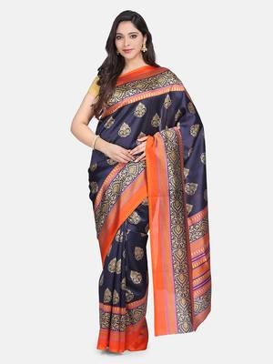 Blue Printed Silk Blend Saree With Blouse 1
