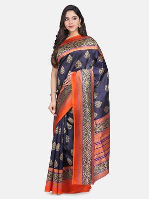 Blue Printed Silk Blend Saree With Blouse 3