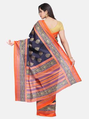 Blue Printed Silk Blend Saree With Blouse 4