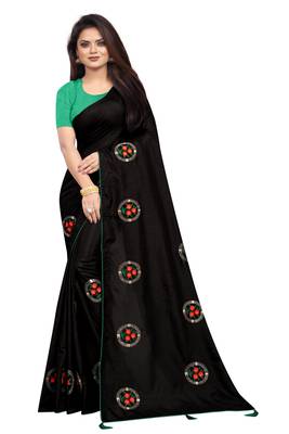 Black Vichitra Silk Embriodered Saree With Blouse Piece. 1