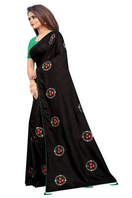 Black Vichitra Silk Embriodered Saree With Blouse Piece. 2