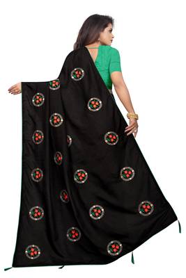 Black Vichitra Silk Embriodered Saree With Blouse Piece. 3