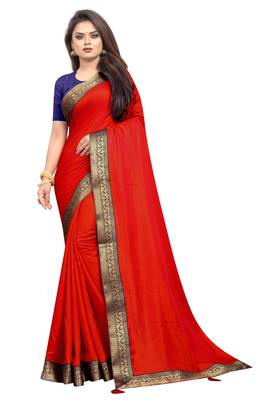 Orange Satin Silk With Banarasi Lace Saree With Blouse Piece. 1