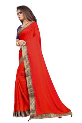 Orange Satin Silk With Banarasi Lace Saree With Blouse Piece. 2