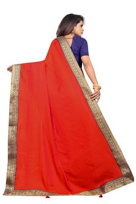 Orange Satin Silk With Banarasi Lace Saree With Blouse Piece. 3