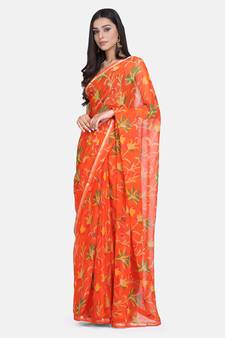 Orange Printed Chiffon Saree With Blouse