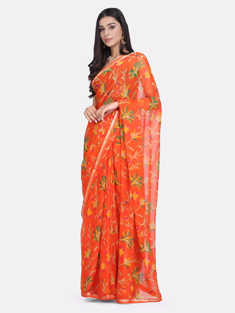 Orange Printed Chiffon Saree With Blouse