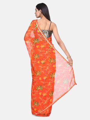 Orange Printed Chiffon Saree With Blouse 3