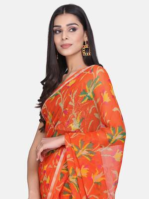 Orange Printed Chiffon Saree With Blouse 4