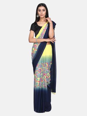 Yellow printed georgette saree with blouse 1