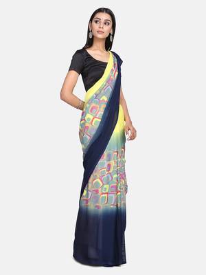 Yellow printed georgette saree with blouse 3