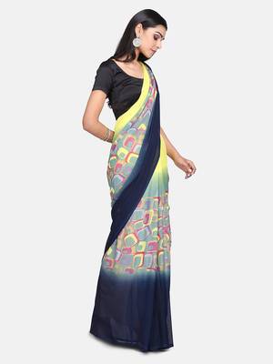 Yellow printed georgette saree with blouse 4