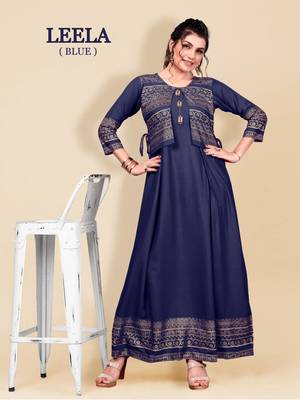 Navy-blue printed rayon long-kurtis 1