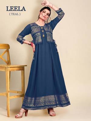 Blue printed rayon long-kurtis 1