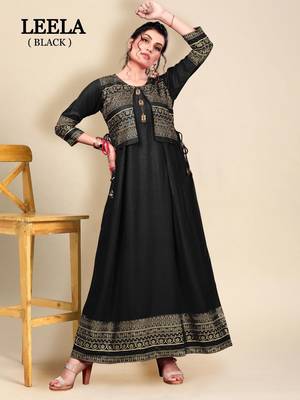 Black printed rayon long-kurtis 1