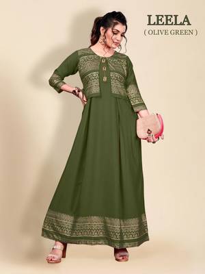 Light-green printed rayon long-kurtis 1