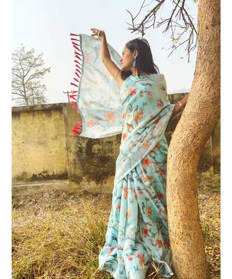 Blue faux_linen linen saree 1