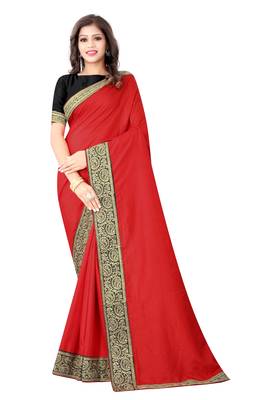 Red Vichitra Silk Blend Saree With Embriodered Lace And Blouse Piece. 1