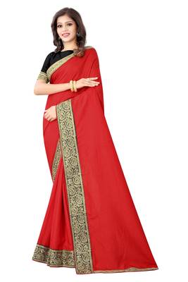 Red Vichitra Silk Blend Saree With Embriodered Lace And Blouse Piece. 2