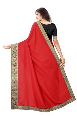 Red Vichitra Silk Blend Saree With Embriodered Lace And Blouse Piece. 3