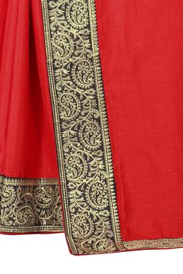 Red Vichitra Silk Blend Saree With Embriodered Lace And Blouse Piece. 4
