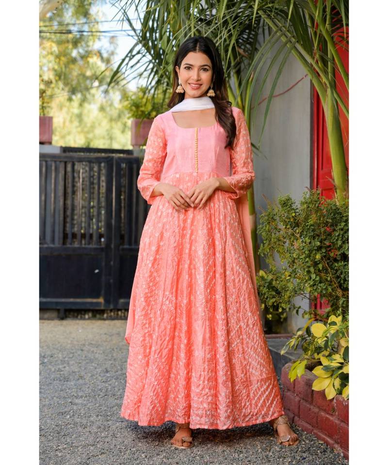 Pink bandhani anarkali set