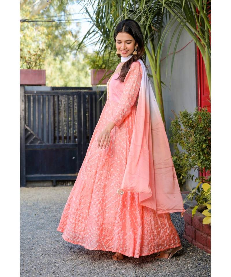 Pink bandhani anarkali set