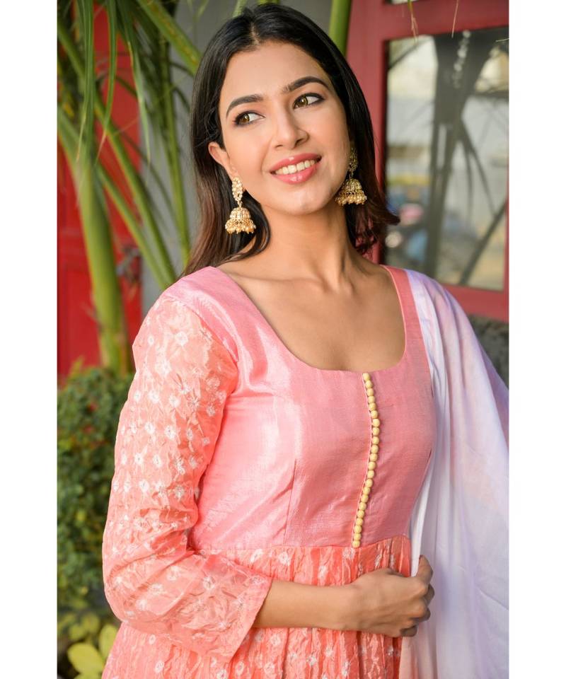 Pink bandhani anarkali set