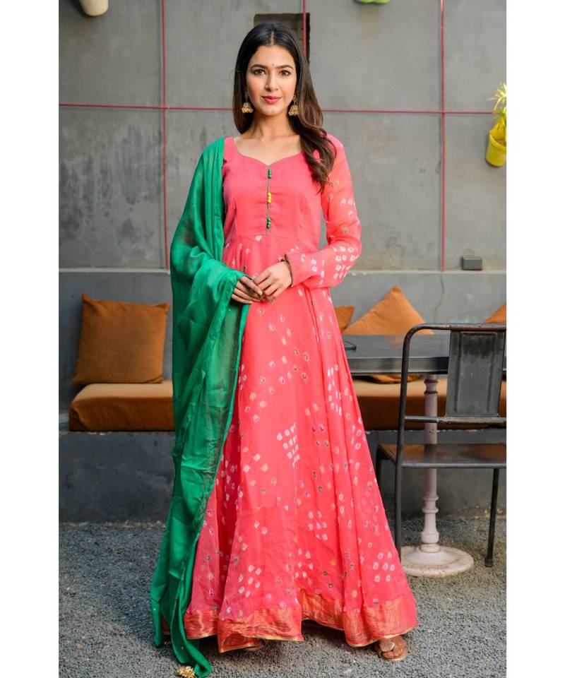 Crimson Red bandhani  anarkali with dupatta