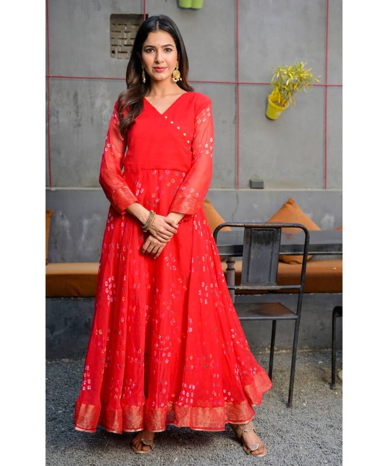 Red bandhani angrakha set