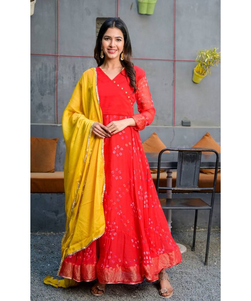 Red bandhani angrakha set