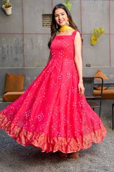 Magenta pleated anarkali with golden dupatta
