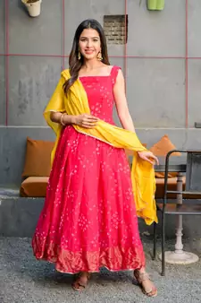 Magenta pleated anarkali with golden dupatta
